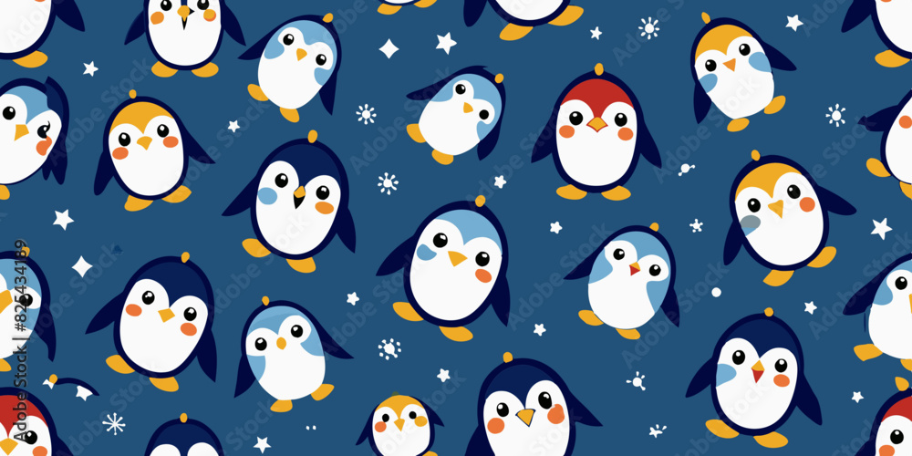 Adorable Seamless Tiling Pattern of Cute Penguins