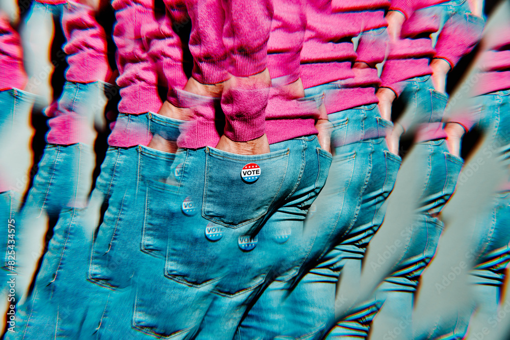 © Juan Moyano/Stocksy - image of a man wearing a US vote badge, kaleidoscopic