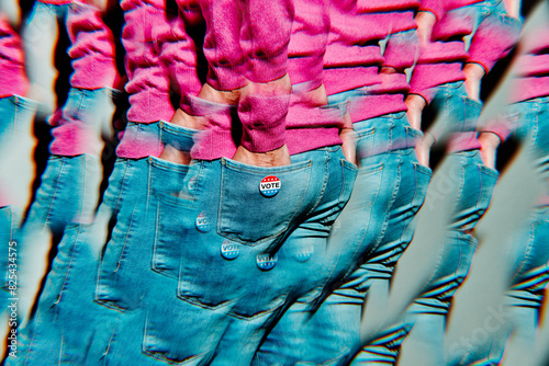 image of a man wearing a US vote badge, kaleidoscopic photo