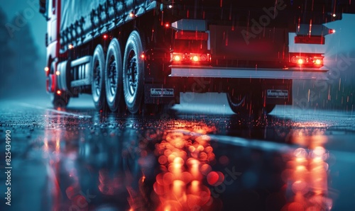 A truck driving on a wet ro...