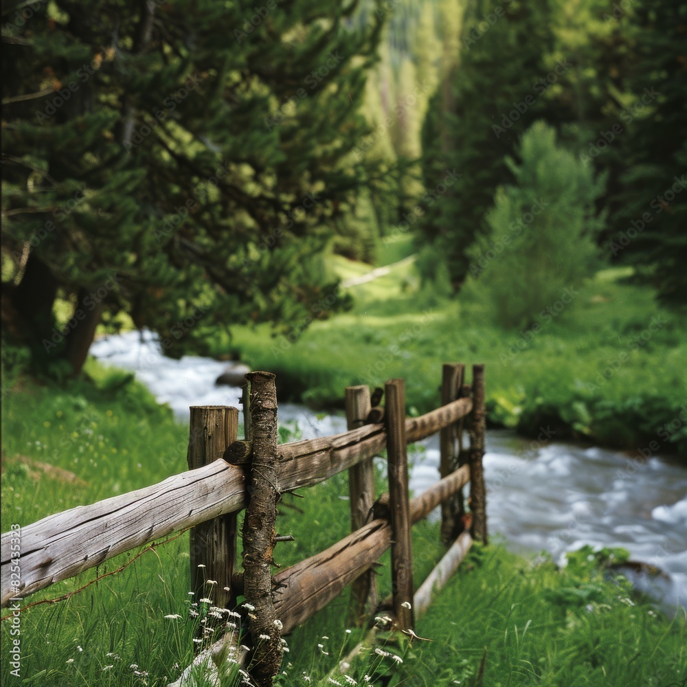 Wooden fence is located in the middle of green grass Wooden fence is located in the middle of green grass