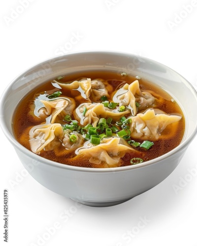 A bowl of wonton soup, with delicate wontons and green onions, Fujifilm XT3, soft focus, 55mm lens, f29, Cinematic 32k, isolated on white background.
