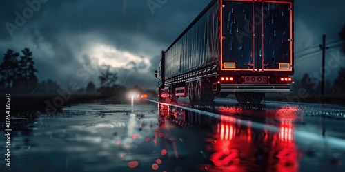 A truck driving on a wet ro...