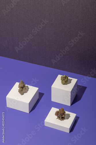 Product showcase of cannabis flower on display boxes photo