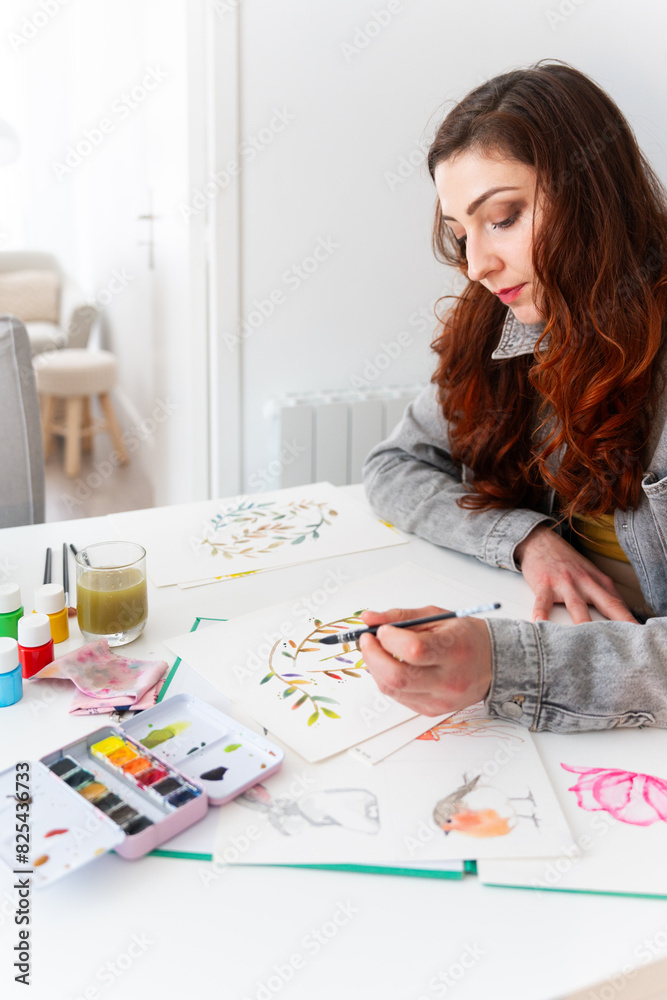 Young Woman Painting A Illustration At Home. Young Woman Painting A Illustration At Home.