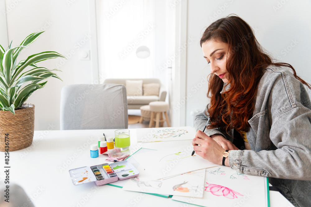 Young Woman Painting A Illustration At Home. Young Woman Painting A Illustration At Home.