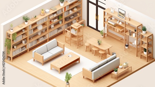Isometric Vector of Muji House Open-Plan Living Space with Minimalist Shelving An open-plan living space in a Muji house, featuring minimalist shelving, natural wood furniture, and a clean, uncluttere © brace