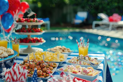 A lavish poolside buffet table filled with a variety of festive foods, drinks, and decorations, showcasing a vibrant summer party atmosphere.