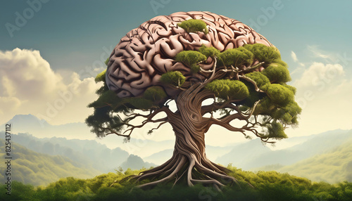 fantasy illustration of a human brain as a tree in front of green grass on the hill #825437112