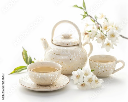 A pot of jasmine tea, with delicate porcelain teacups, Fujifilm XT3, soft focus, 55mm lens, f29, Cinematic 32k, isolated on white  background. photo