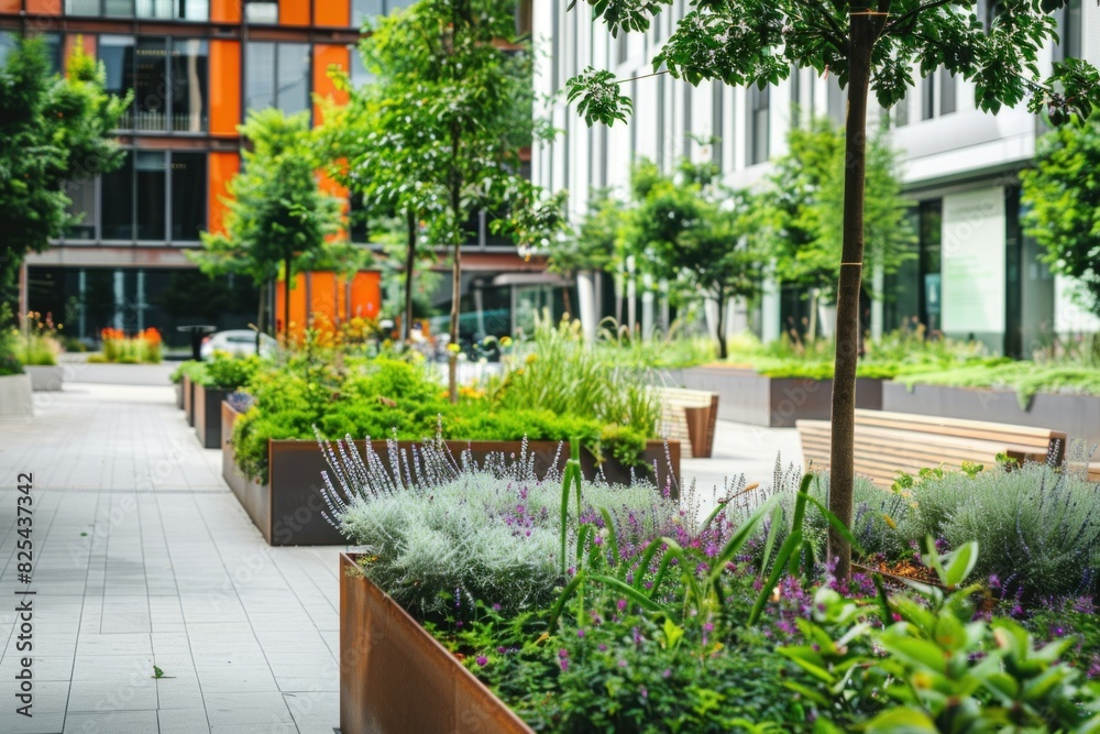 Urban green space near office buildings with varied plants, seating areas, and a modern pathway, providing a peaceful retreat in the city.