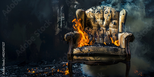 armchair on fire with flames 