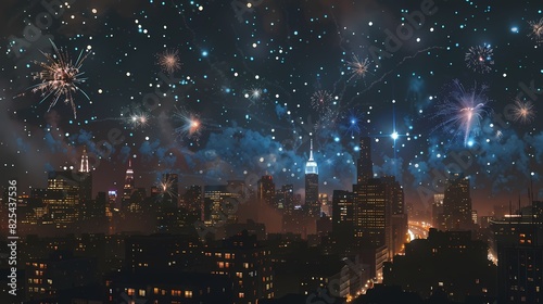 Generate an imaginative AI depiction of sparkling fireworks over a city skyline for New Year s Eve. 