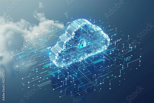 Cloud security illustration with a lock icon on a monitor, representing data protection and online privacy in a modern digital workspace