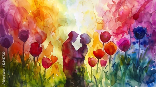 A vibrant watercolor painting of two figures embracing in a field of tulips photo