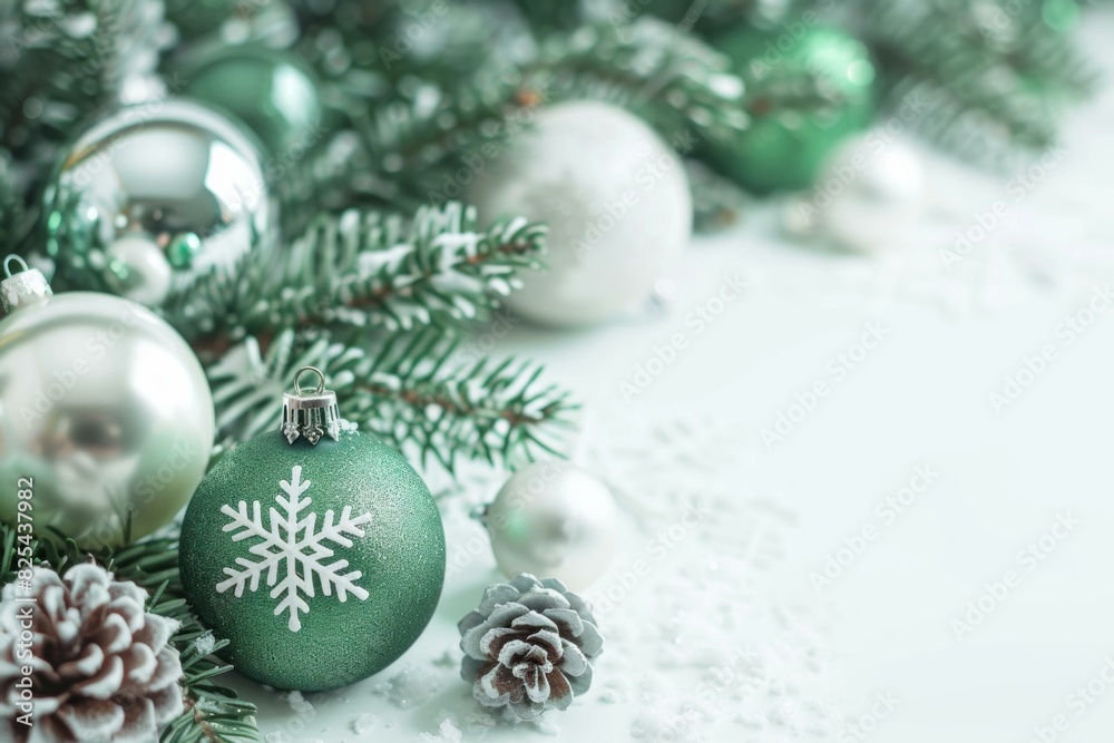Fototapeta premium Elegant christmas decorations with pine branches and baubles on a snowy backdrop