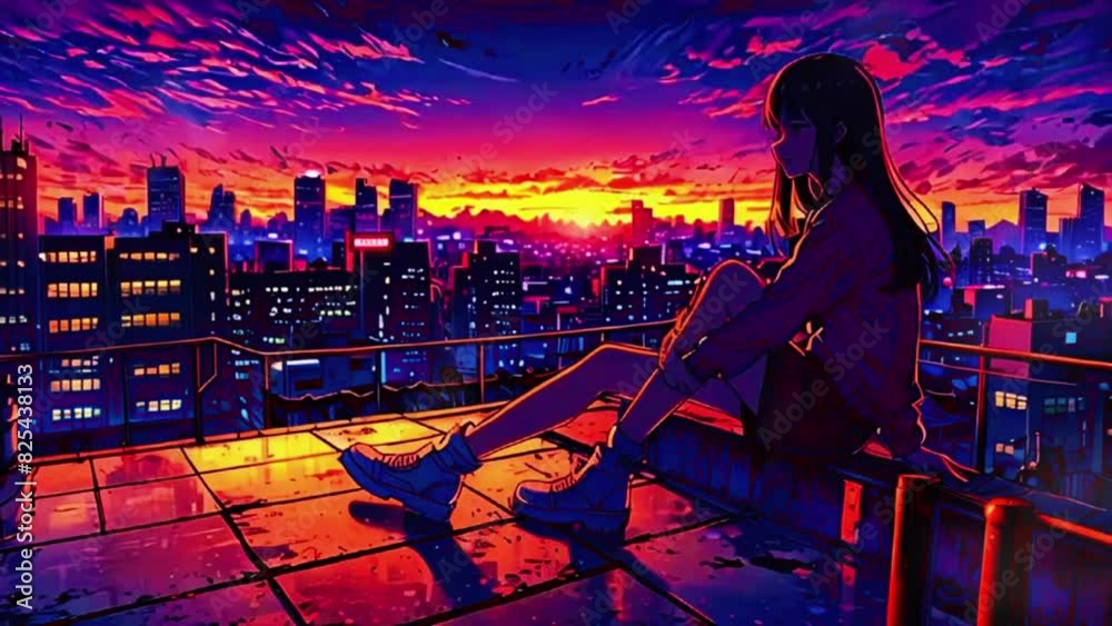 The girl sits on a rooftop at sunset, with the city skyline and a few birds flying in the background. Neon signs flicker in the distance, 4K High-Quality Japanese Anime-style Video