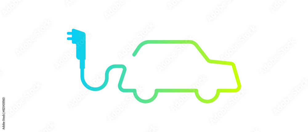 Electric car with green plug symbol. Green hybrid vehicles charging point logo.	