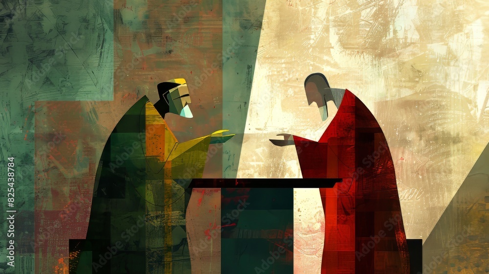 Fototapeta premium Pharisee and the tax collector praying, emphasizing humility and righteousness