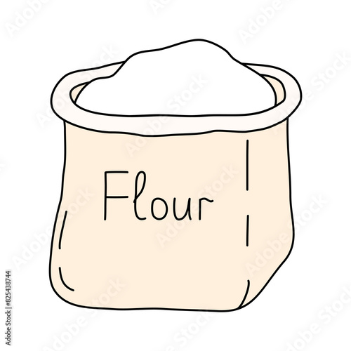 Open bag or sack with flour, baking ingredients, doodle style vector