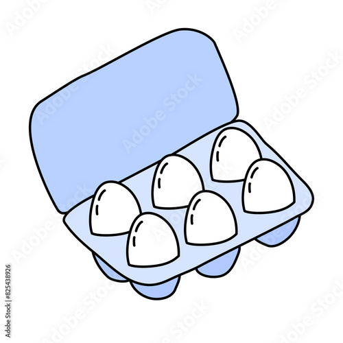 Blue carton box with six fresh farm eggs, cooking or baking ingredients, doodle style vector