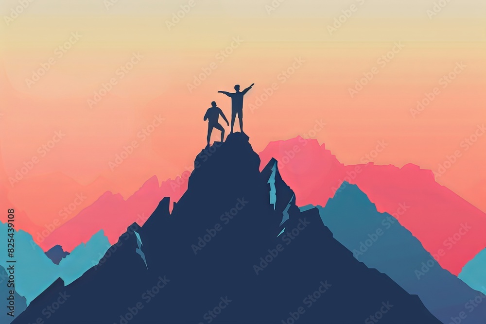 Two people standing on top of a mountain, one of them is holding a flag