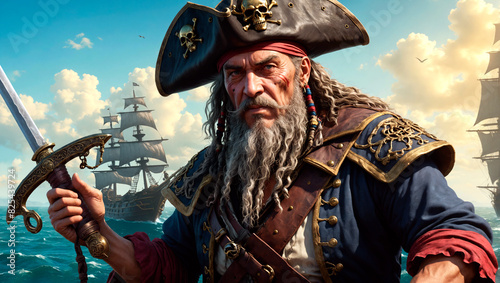 Rugged old pirate captain with fancy outfit, decorated hat and sword, ready to plunder for treasure, ships in the background, high detail fantasy illustration photo