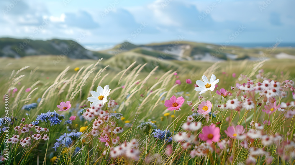 Obraz premium A photo featuring a coastal dune landscape with sea grass and wildflowers. Highlighting the natural beauty and untouched scenery, while surrounded by rolling dunes and the distant horizon