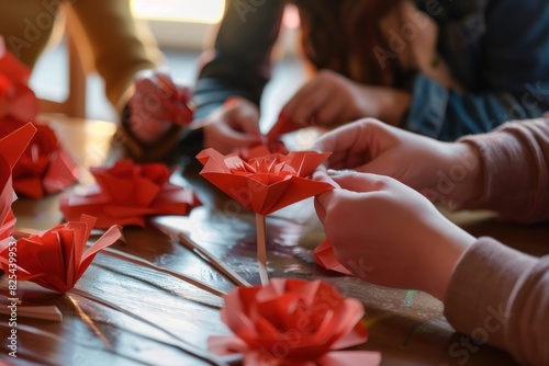 Participants at an art therapy session craft intricate red origami flowers. Memorial day, National Poppy Day photo