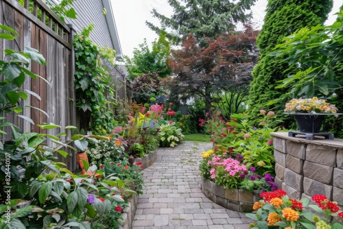 A lush backyard garden path flanked by vibrant flower beds and greenery, showcasing a variety of colors and plant types, creating a serene outdoor retreat. © evgenia_lo