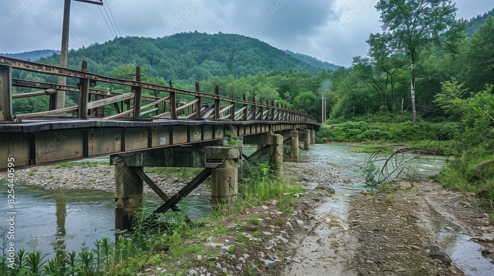 A bridge spans a river with a mountain range in the background