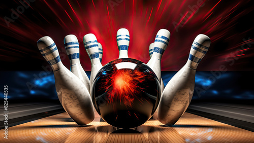 A red bowling fireball smashes pins in a bowling game. Strike