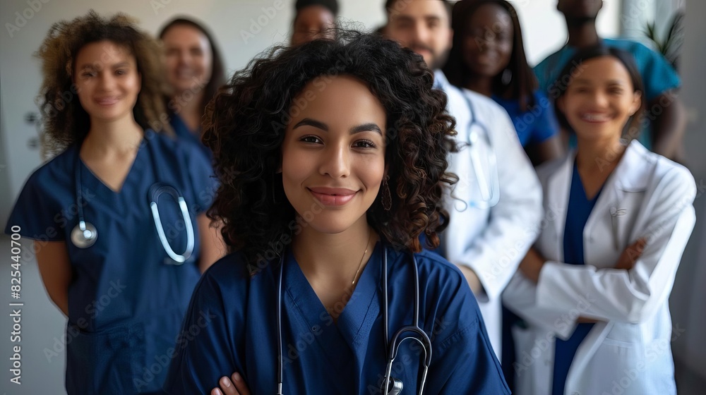 confident young female medical student with diverse team of doctors and nurses healthcare internship concept confident young female medical student with diverse team of doctors and nurses healthcare internship concept
