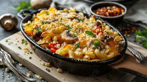 cozy regional specialty of macaroni and cheese with mushrooms and peppers food photography