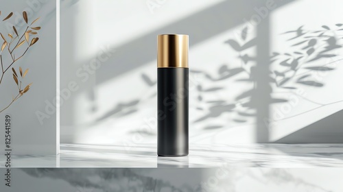 Black and gold cosmetic bottle on a marble surface with sunbeams and shadows.