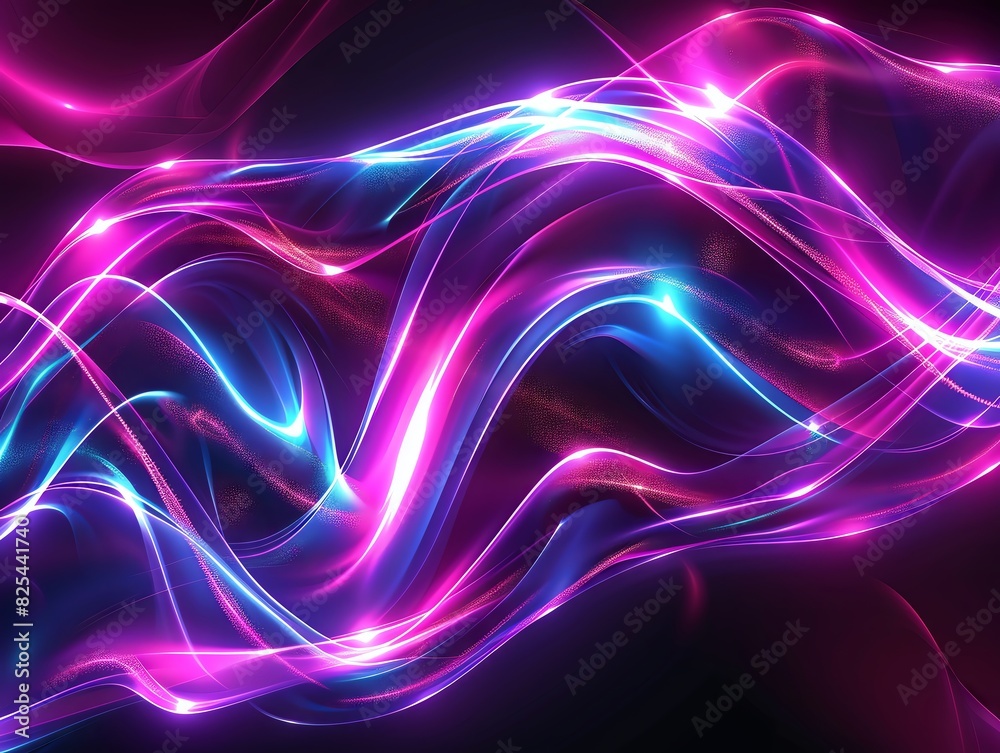 Abstract glowing pink and blue waves on black background.