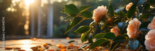 A banner with a place for the text. Camellias scattered on the floor, golden sunset, tranquility, serenity. photo