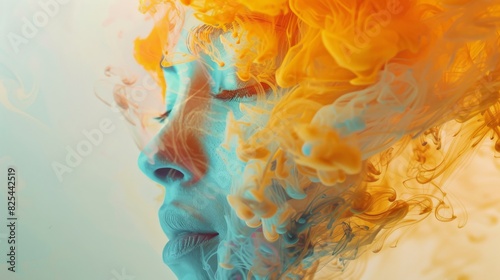 Artistic double exposure of makeup sponge and swirling ink. photo