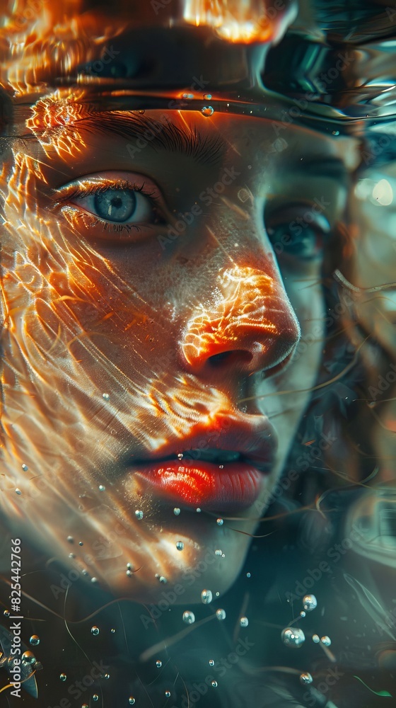 A woman's face is reflected in the water, with her lips painted red A woman's face is reflected in the water, with her lips painted red