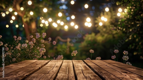 empty wooden table with string lights in garden at night bokeh light background digital illustration photo