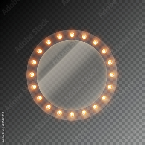 Light circle banner isolated on transparent background. Vector round Hollywood bulbs frame. Las Vegas casino night sign. Glowing decoration, garland, border or makeup mirror with lamps template