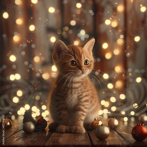 3d rendered photo of Cute kitten sitting on the background of a christmas new year garland