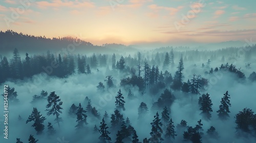 A blanket of fog rolling over a dense forest at dawn, with the tops of trees emerging like islands. photo