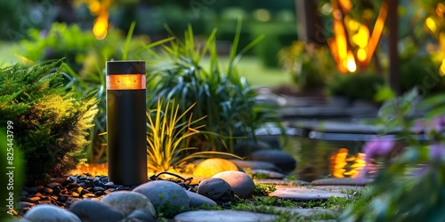 Battery packs cleverly disguised in garden surroundings near shrubbery for inconspicuous power sources. Concept Garden Decor, Outdoor Technology, Creative Landscaping, Power Source Integration photo