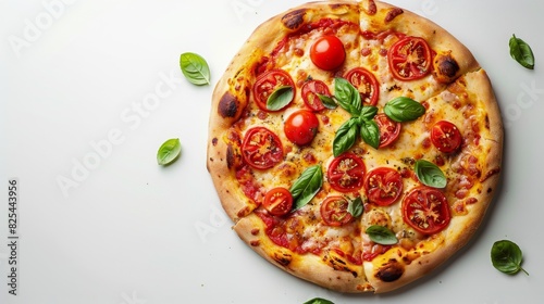 Pizza With Tomatoes and Basil on White Surface