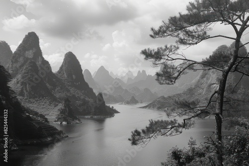 A black and white photo of a mountain range with a body of water in the foreground