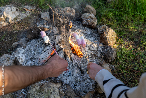 Two Hands Toast Marshmallows Over A Campfire Amidst Greenery. photo