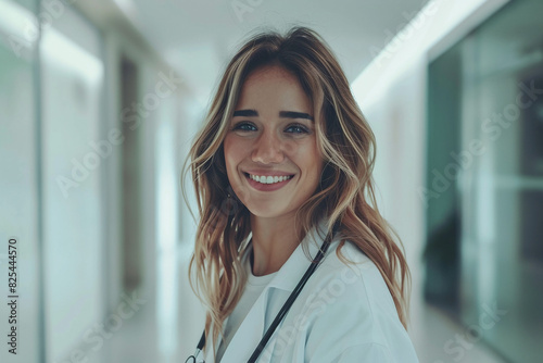portrait of a Young Female Doctor standing in the hospital hall in a white medical apron and stethoscope. The young doctor is smiling friendly, she has long blonde hair.