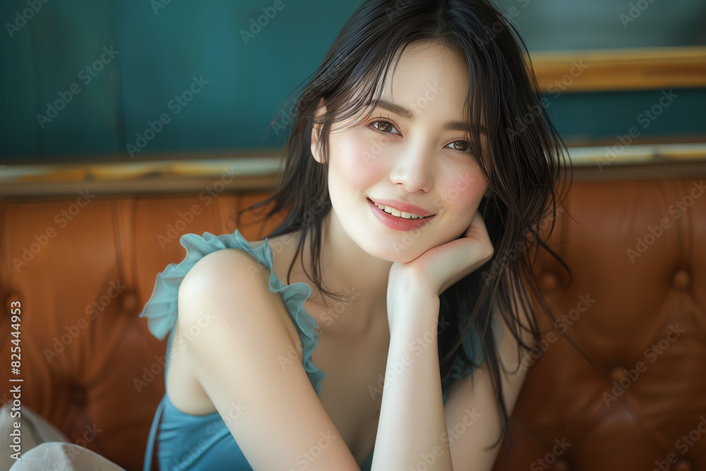 Fototapeta premium 深緑のワンピースを着た女性