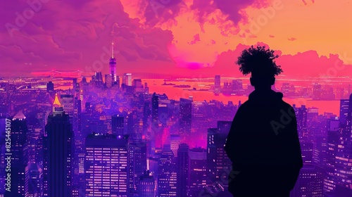 Bold silhouette of a traveler gazing out over a city skyline at twilight.